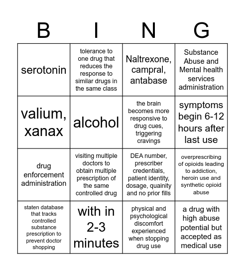 Addiction Bingo Card