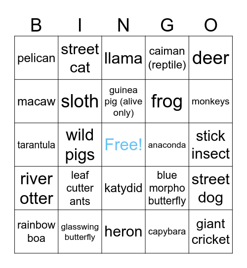 Peru Wildlife Bingo Card