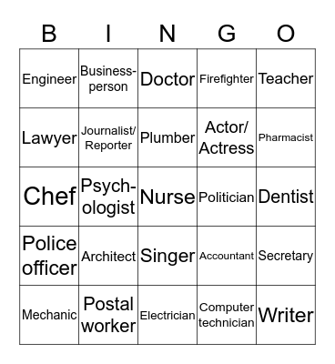 Des professions Bingo Card