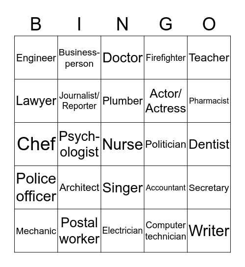 Des professions Bingo Card