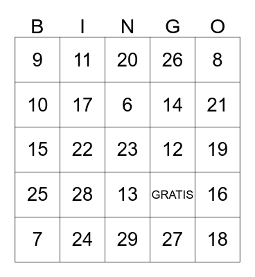 Los numeros 6 - 29 Bingo Card