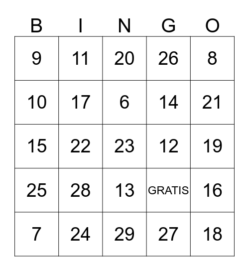 Los numeros 6 - 29 Bingo Card