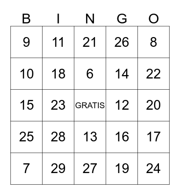 Los numeros 6 - 29 Bingo Card