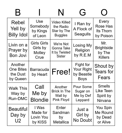 Rock Hits (2) Bingo Card