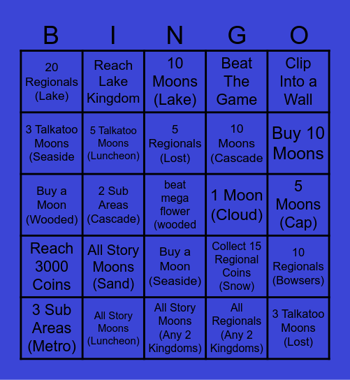 Super Mario Odyssey Challenges Bingo Card