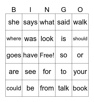 Heart Word Bingo Card