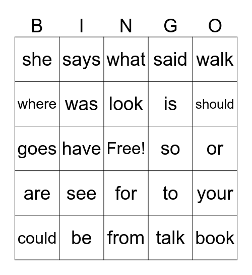 Heart Word Bingo Card