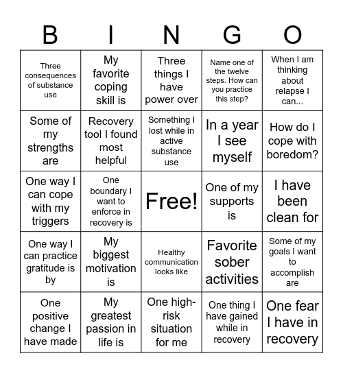 Recovery Bingo Card