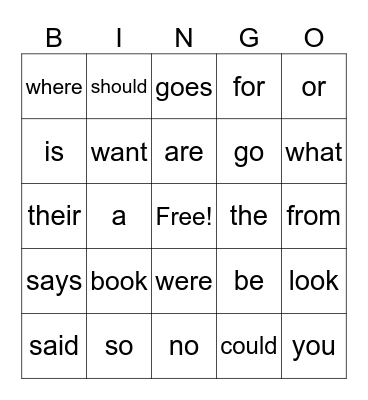 Heart Word Bingo Card