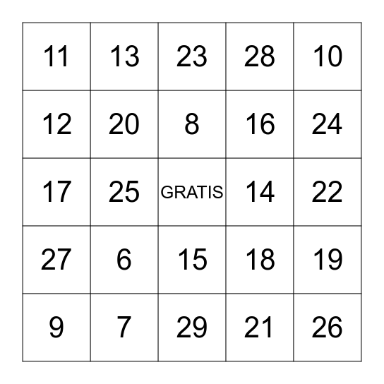 Los numeros 6 - 29 Bingo Card