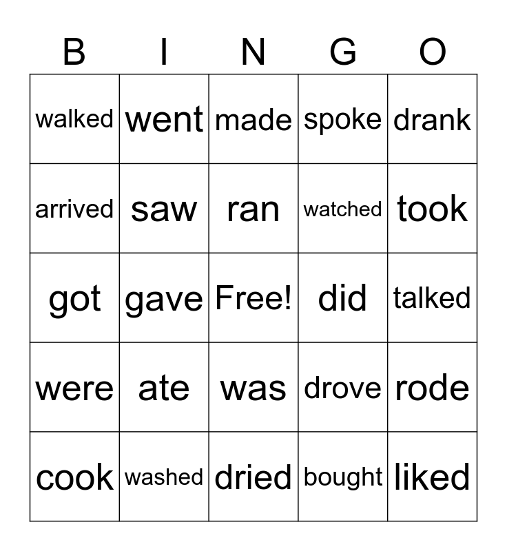 Simple Past Verbs Bingo Card