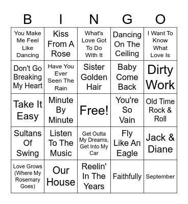 Yacht Rock Bingo Card