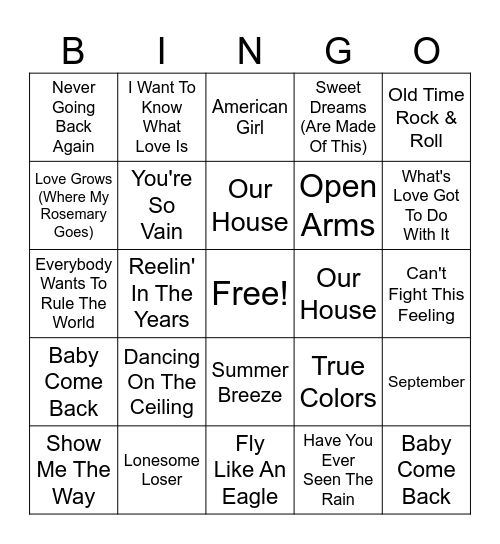 Yacht Rock Bingo Card