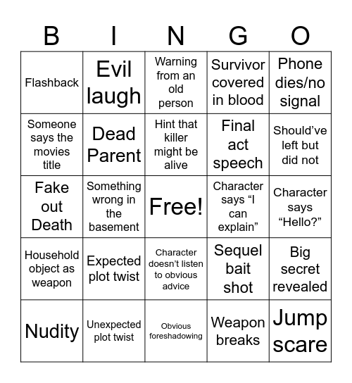 Horror Movie Bingo Card