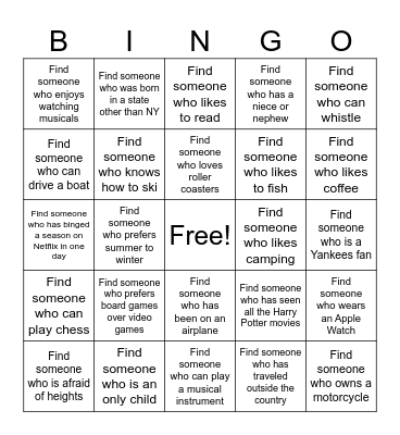 "Find Someone Who" BINGO Card