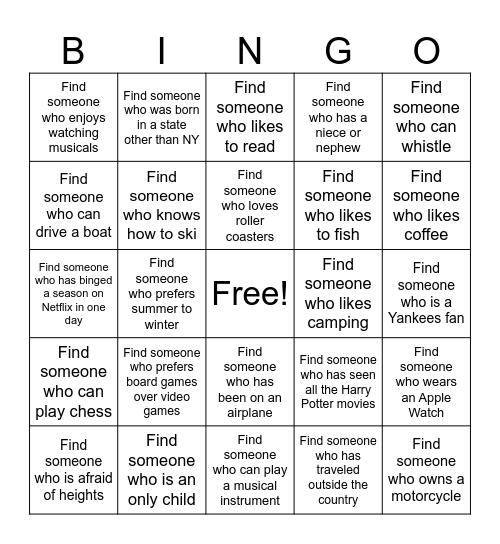 "Find Someone Who" BINGO Card