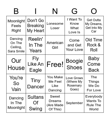 Yacht Rock Bingo Card