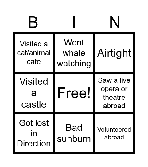 Travel Bingo Card