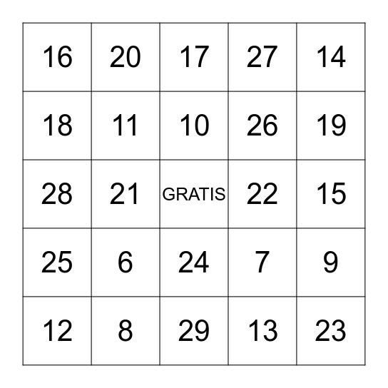 Los numeros 6 - 29 Bingo Card