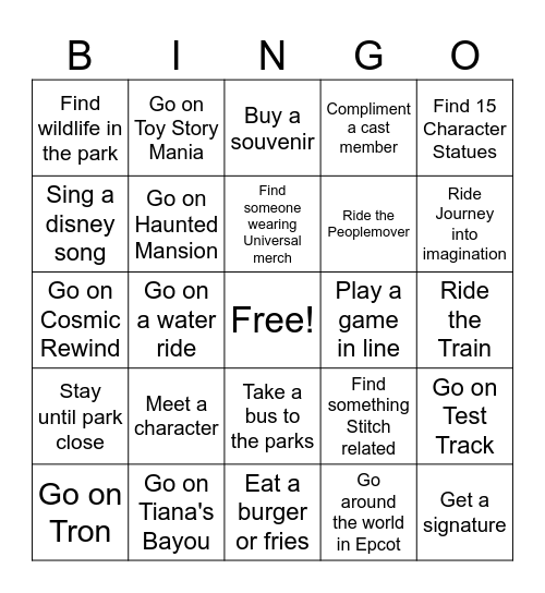 Disney World Bingo Card