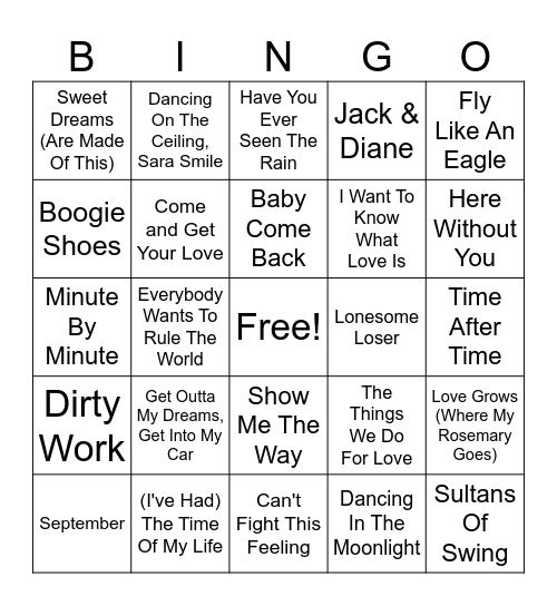 Yacht Rock Bingo Card