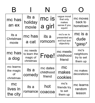 Hallmark movie Bingo Card