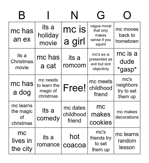 Hallmark movie Bingo Card