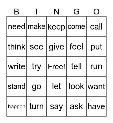 Verbs Bingo Card
