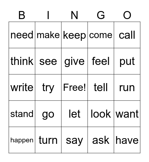 Verbs Bingo Card
