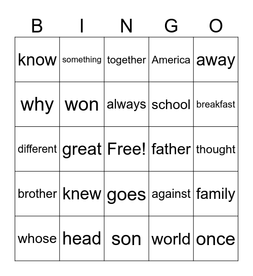 Trick Word BINGO Card