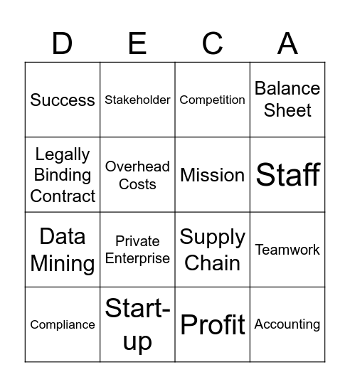 DECA Entrepreneurship Series Bingo Card