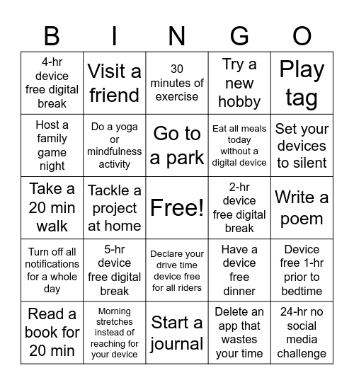 Digital Detox! Bingo Card