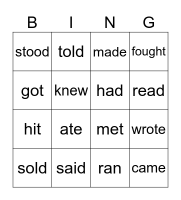 Verbs Bingo Card