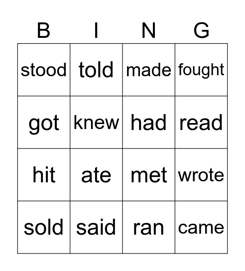 Verbs Bingo Card