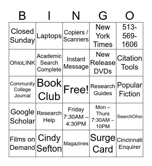CinState Staff Library Intro Bingo Card