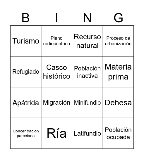 BINGO VOCABULARIO GEOGRAFÍA Bingo Card
