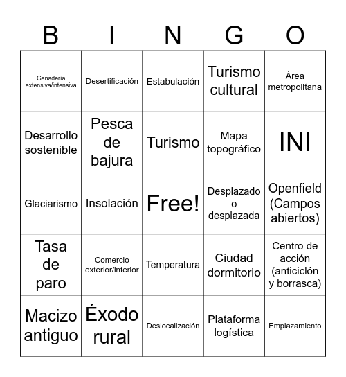 BINGO VOCABULARIO GEOGRAFÍA Bingo Card