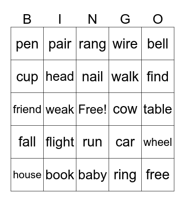 Rhyming Words Bingo Card