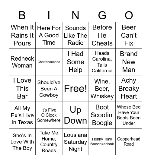 Country Hits Bingo Card