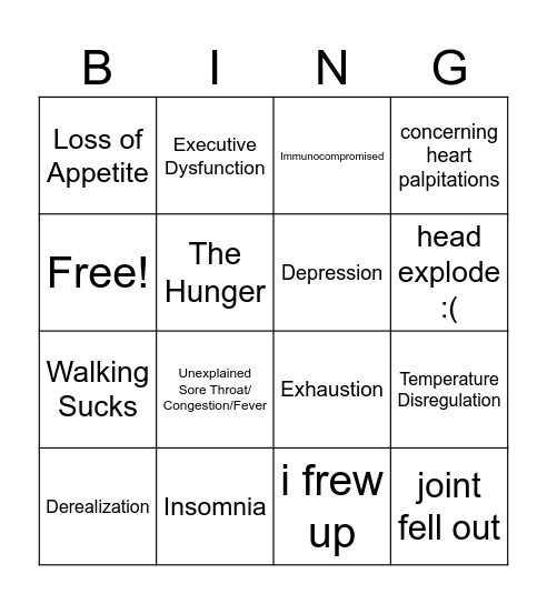 Symptoms Bingo Card