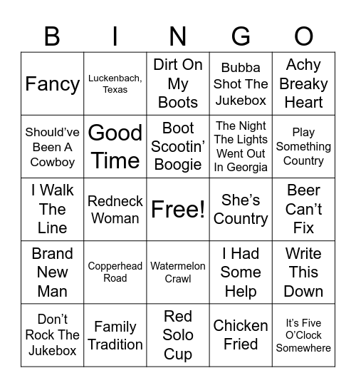 Country Hits Bingo Card