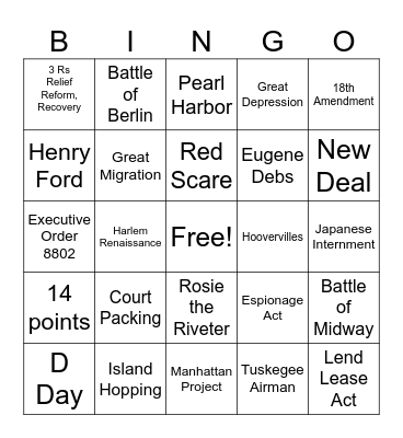 US HISTORY Unit 4 Bingo Card