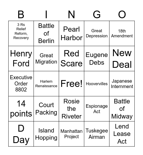 US HISTORY Unit 4 Bingo Card