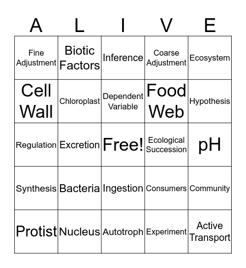 Living Environment Midterm Review  Bingo Card