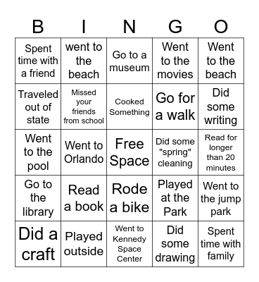 Spring Break Bingo Card