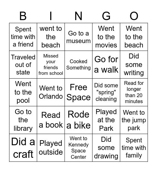 Spring Break Bingo Card