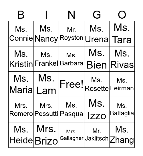 P.S. 28 Bingo Card