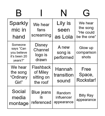 Hannah Montana 20th Anniversary Bingo Card