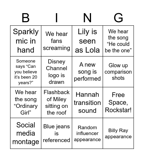 Hannah Montana 20th Anniversary Bingo Card