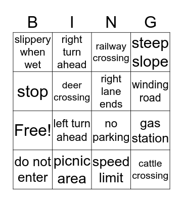 Road Signs Bingo Card